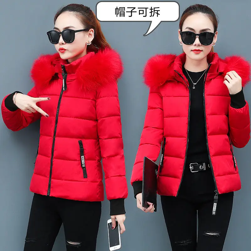 2022 New Winter Parkas Women Jacket Fur Collar Hooded Basic Coat Female Jacket Warm Zipper Short Cotton Padded Outerwear Coat