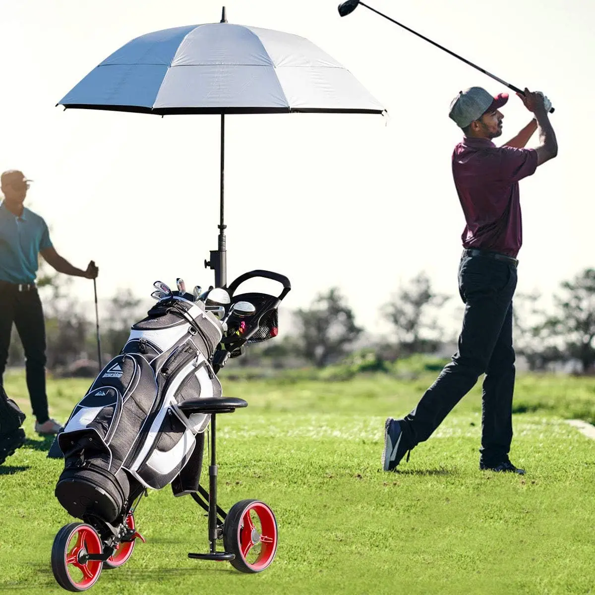 Carrinho de golfe, dobrável de 3 rodas, carrinho de empurrar com assento removível, suporte de guarda-chuva e placar, golfe leve portátil