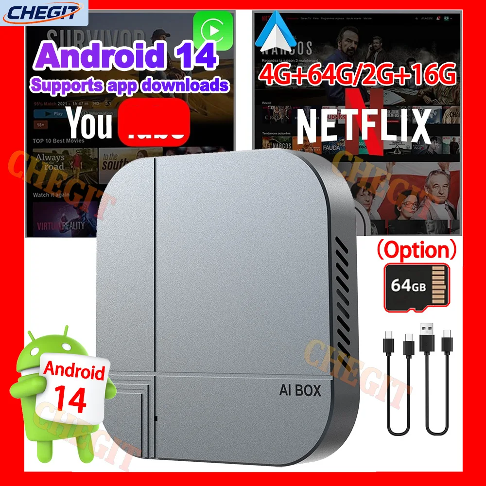 Android 14 Ai Box Wired to Wireless Carplay Android Auto Adapter WiFi For Youtube Nexflit Cars Smart Ai Box Bulit in Play Stroe