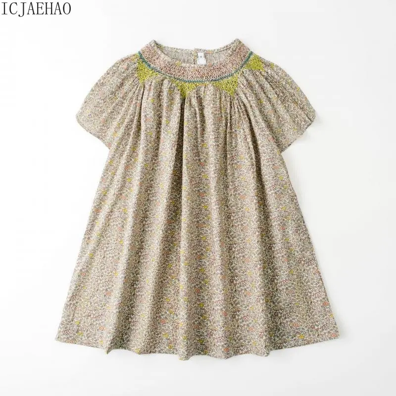 

2024 Vintage Summer Dress For Baby Girls Kids Smocked A-Line Casual Loose One-Piece Dresses Children Floral Embroidery Clothing