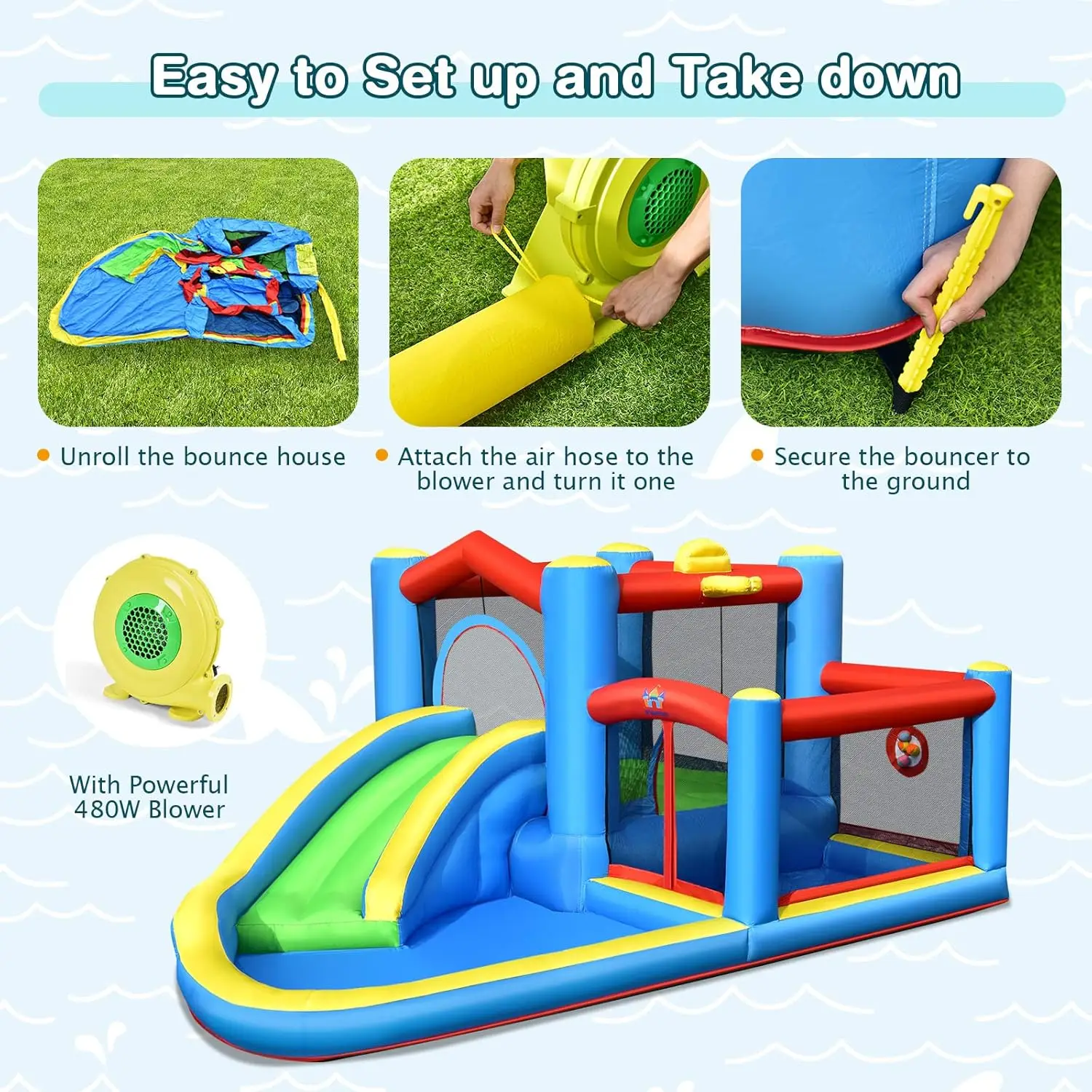 Inflatable Water Slide with 480w Blower, 6-in-1 Toddler Giant Blow Up Bouncy Water Park w/Target Ball&Climb, Water Bounce House