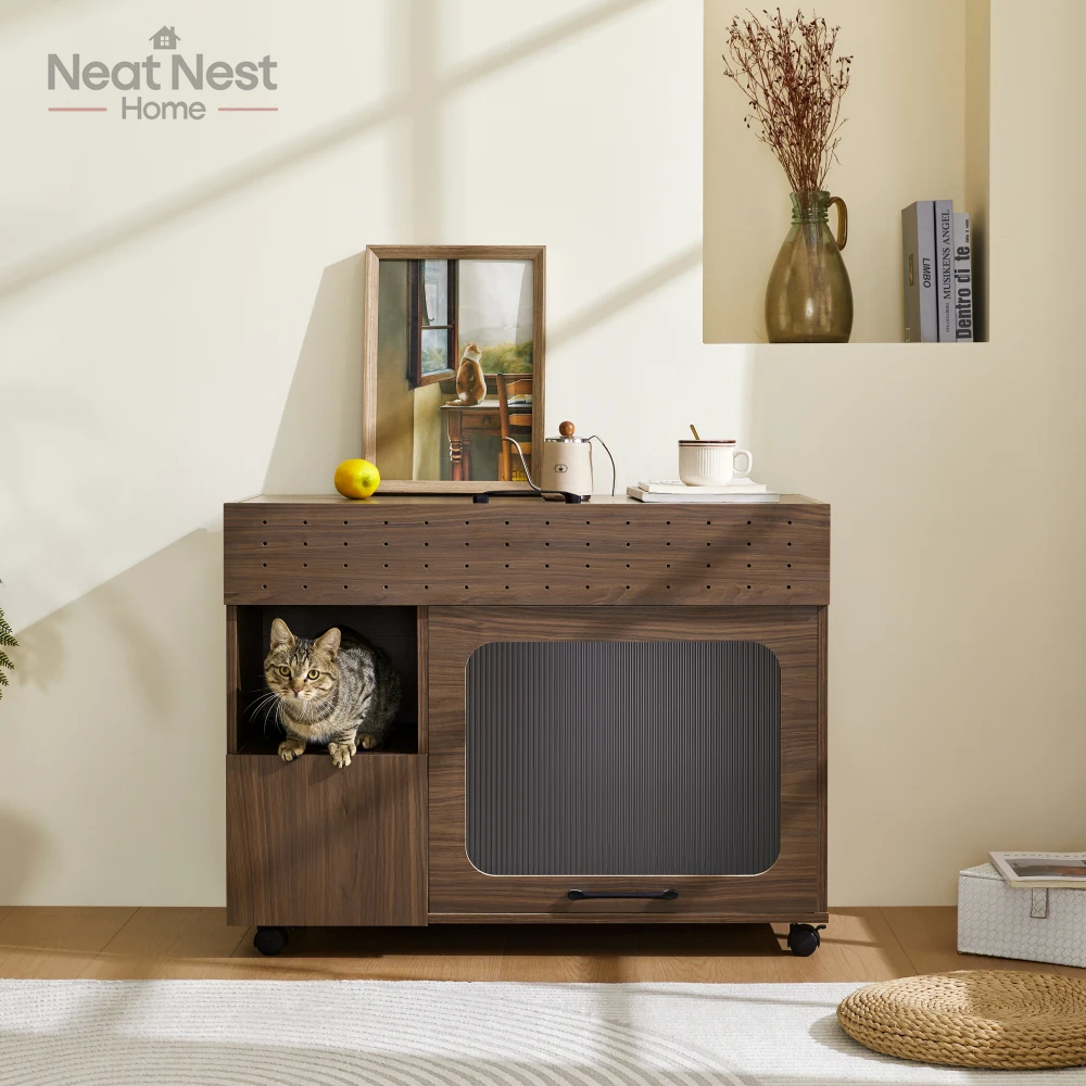 

cat house with a retro appearance, Furniture Style multi-use Cat litter box house With Storage space, Hide the cat litter box