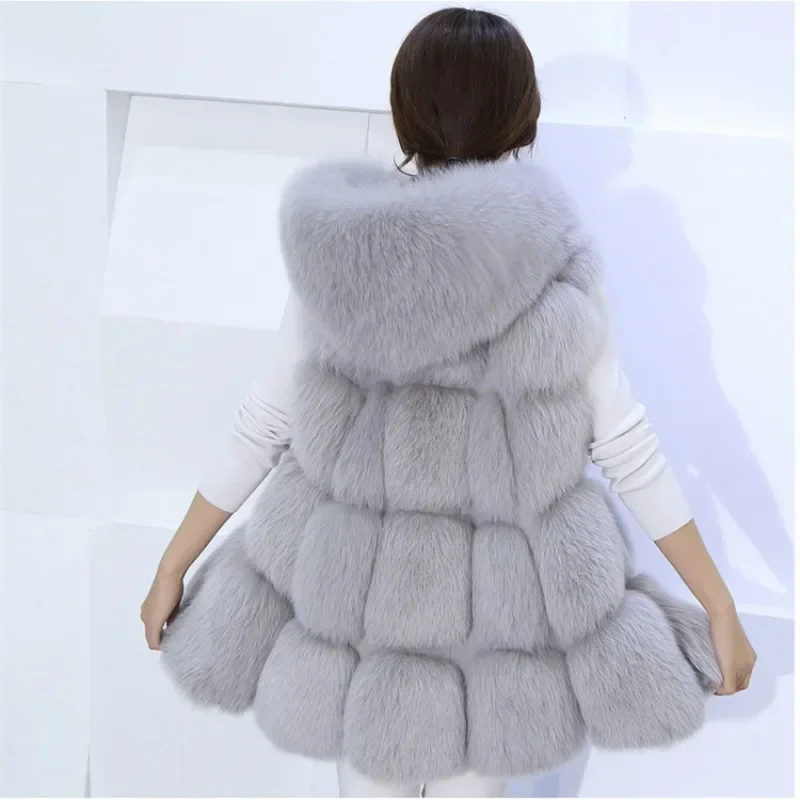 Mid Length Faux Fur Jacket with Patchwork Hooded A-line Fur Vest for Autumn and Winter Women Clothing