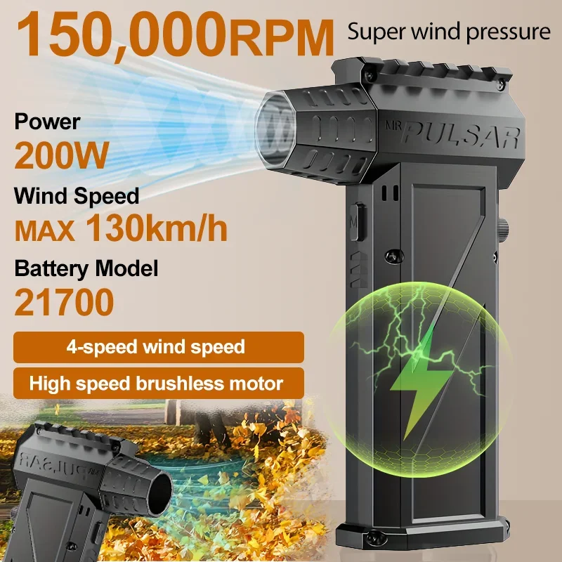 150,000 RPM High-Speed Brushless Turbo Fan & Blower - 6000mAh Portable Air Duster with Vacuum Kit, 4-Speed Jet Blower for Car