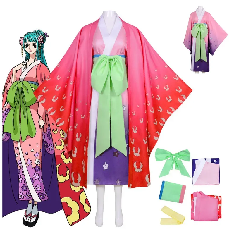 

Anime Kozuki Hiyori Cosplay Costume Kimono Halloween Carnival Ball Uniform Pink Print Suit Coat Skirt Bow Belt