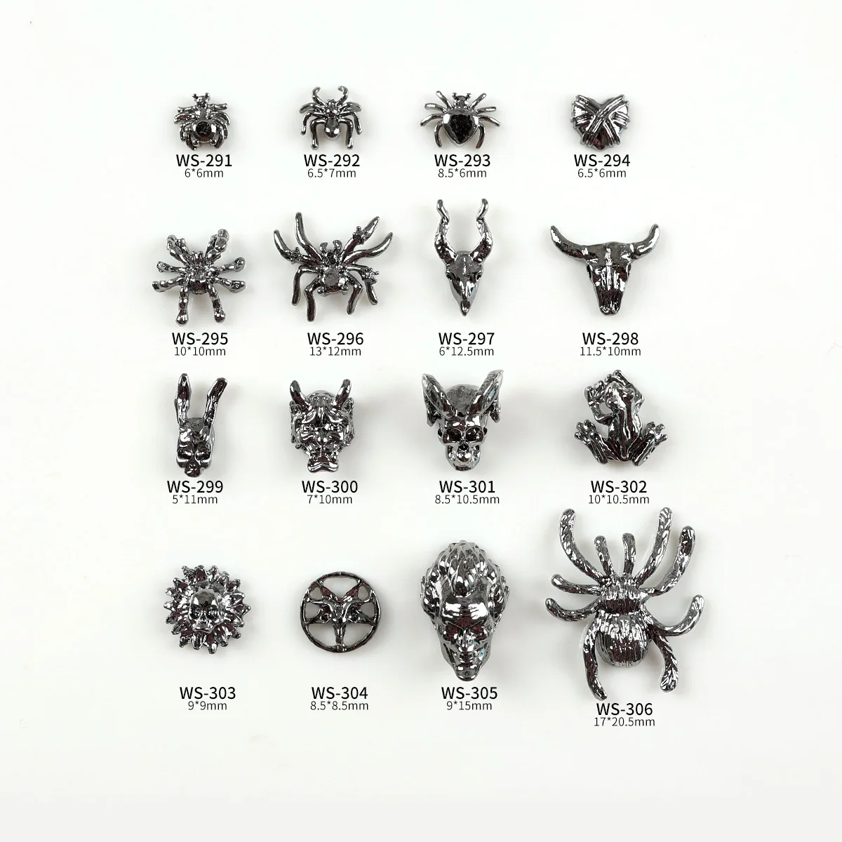 20PCS Dark Halloween Retro Cow Sheep Skull Head Spider Gun Black Alloy Nail Art Rhinestones Evil Decorations Manicure DIY Charms