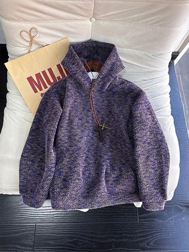 

Mona Purple Knitted Hoodie Men's Winter Fleece Dyed Jacket American Retro Couple Outerwear Casual Loose Fit Long Sleeve