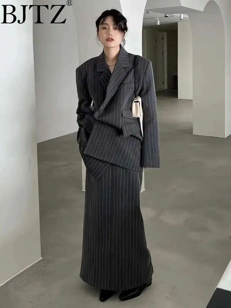 BJTZ Temperament Fashion Blazers Skirts Set Women's Diagonal Buckle Designer Striped High-end Suit Sets Female 2024 New