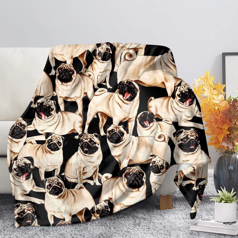 Funny Pug Dog Blanket Fleece Plush Throw Blankets Portable Bedspread Nap Shawl Bed Sofa Cartoon Animal Blanket Flannel Warm Soft