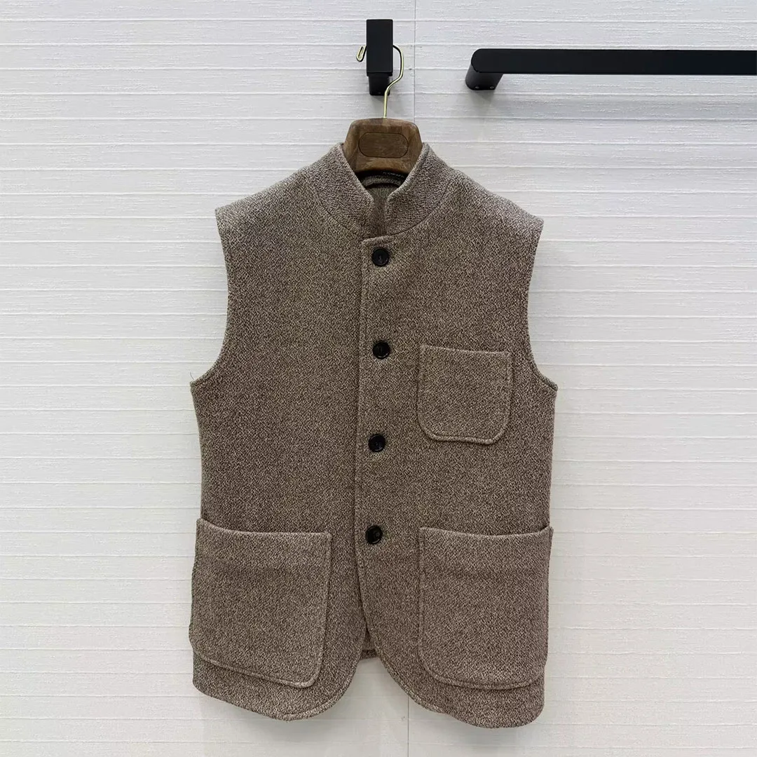 

Винтажный коричневый вязаный жилет из шерсти, шелка и льна для женщин, с воротником-стойкой, без рукавов, на одной пуговице, с карманами, в стиле Old Money, шикарный жилет