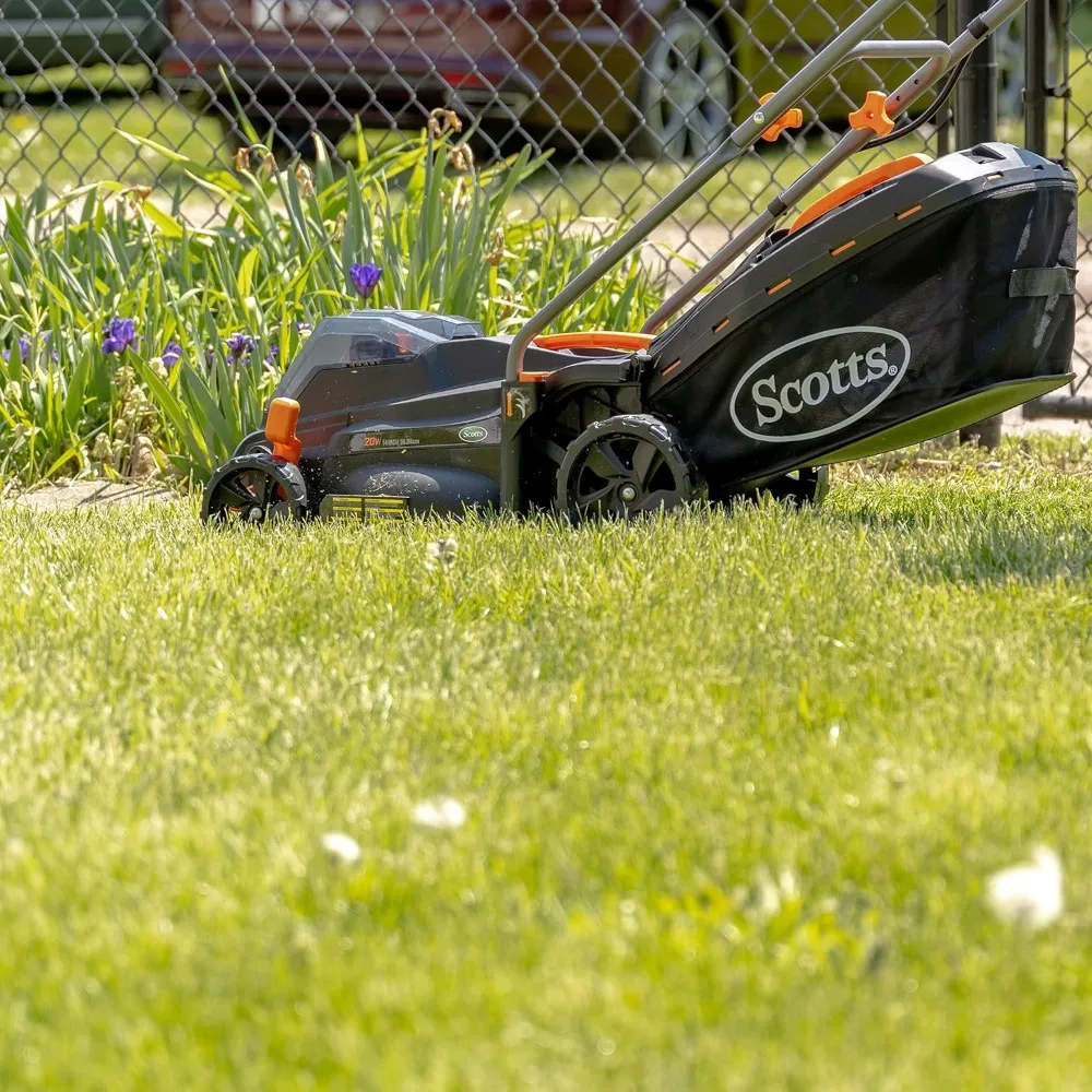 Cortador de grama elétrico sem fio Scotts de 20 volts e 16 polegadas com bateria de 5,0Ah e carregador rápido, preto/laranja