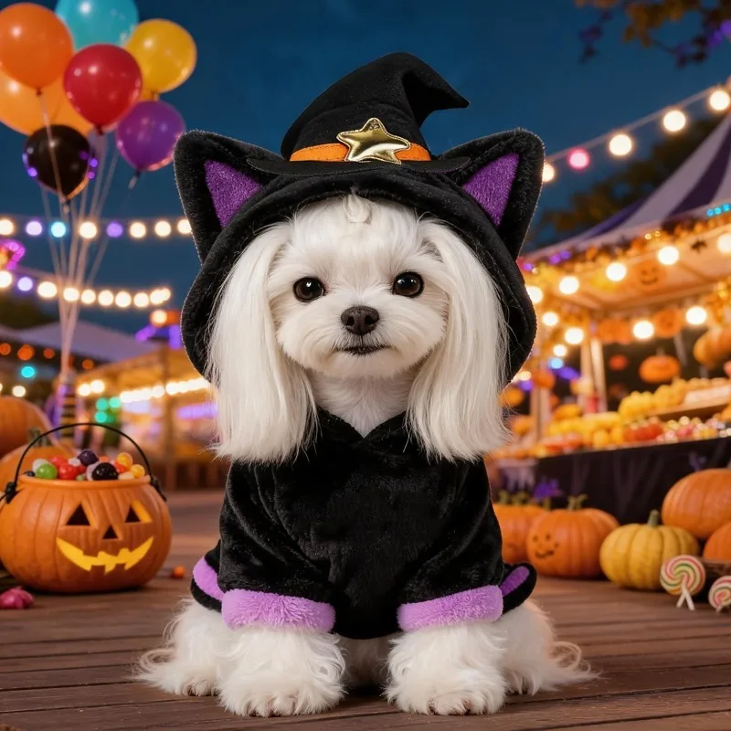 Halloween Pet Costume Magic Cat Pumpkin Set Polyester Warm Cat Dog Clothes with Leash Attachment for Small Dogs & Cats Pet Party