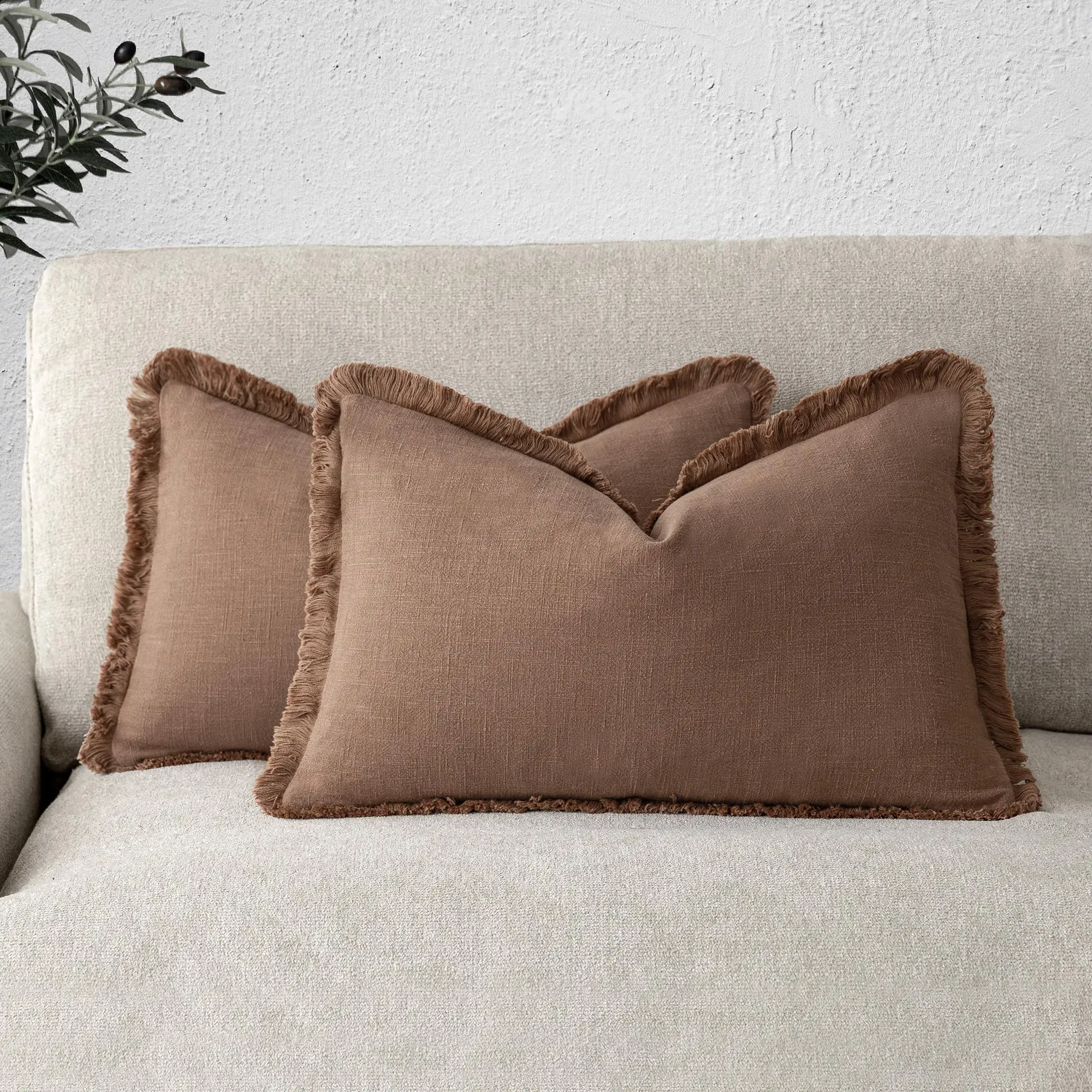 Rust Decorative Linen Fringe 30x50CM Lumbar Throw Pillow Covers Boho Farmhouse Cushion Cover with Tassels Soft Cozy Pillowcase