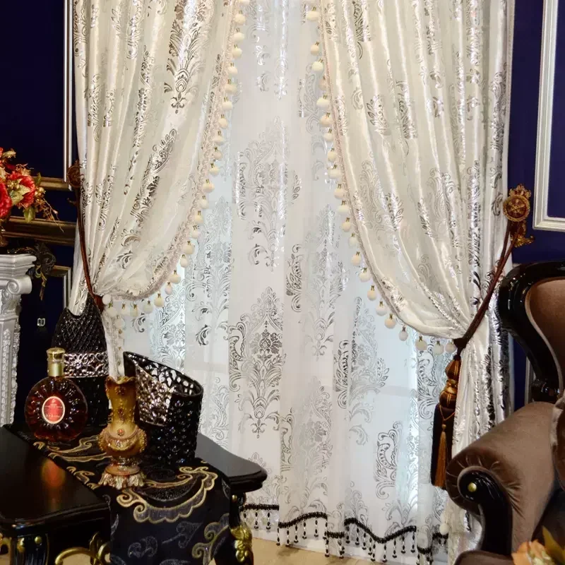 Custom Size Nordic Luxury White Silver Curtains, European High-Quality Velvet Tulle Shade for Home Window & Door Decor Fashion