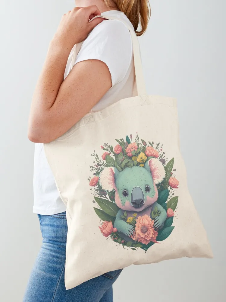 Floral Serenity: Vintage Cute Koala with Flowers Tote Bag Women bags Shopper Canvas Tote Bag