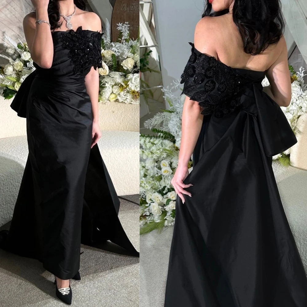 

Customized Exquisite Satin Applique Pattern Tiered Pleat Ruched Straight Off-the-shoulder Midi Dresses Evening Dresses Formal