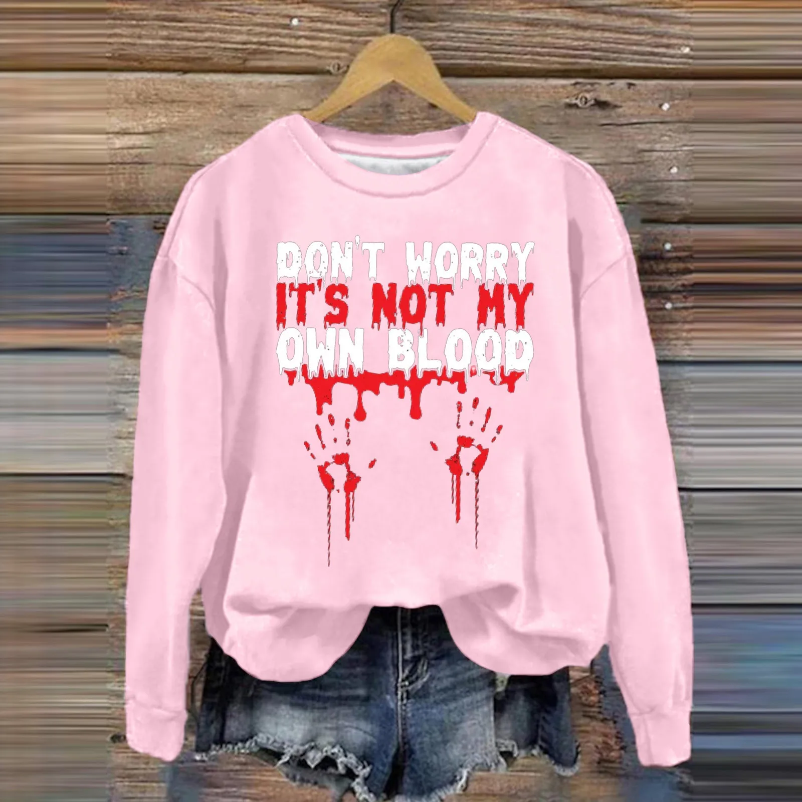 Women'S Halloween Feature Hoodie Bloody Pattern Letter Printed Top Autumn And Winter Round Neck Long Sleeve Warm Hoodie