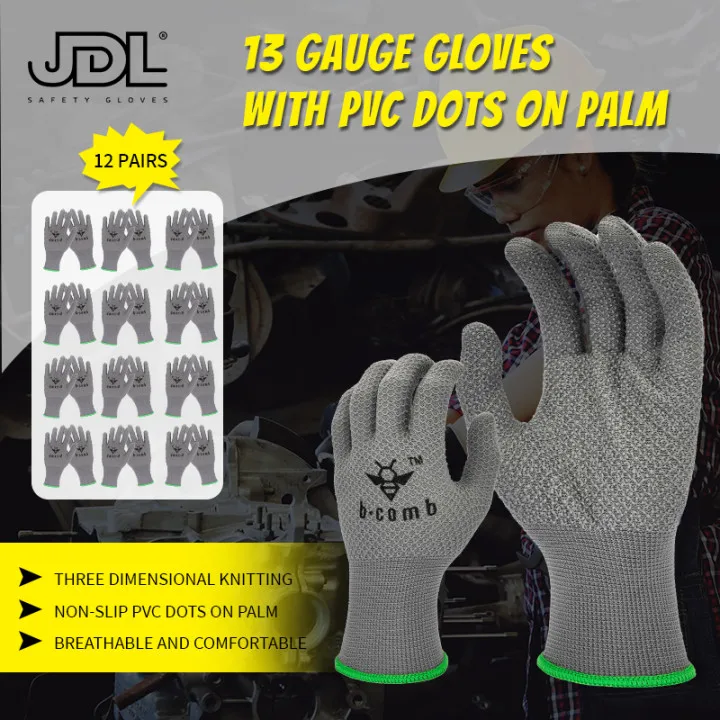 Jdl 12 Pairs Werk Handschoen 13-Pin Honingraat Polyester Knit Ontwerp Pvc Coating Anti Slip