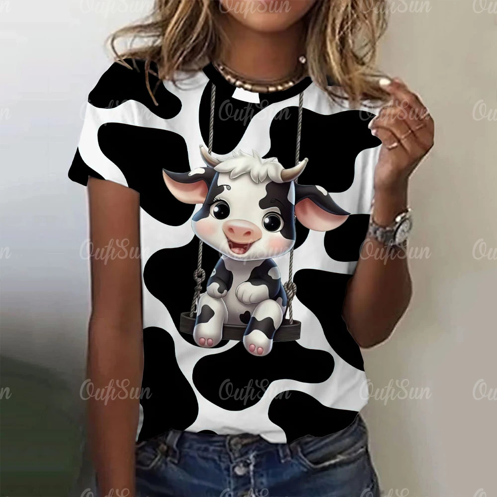 Mode Dames T-Shirts 3d Zwart-Wit Melkkoe Print Schattige Dieren Korte Mouwen T-Shirts Zomer Nieuwe Trend Dameskleding