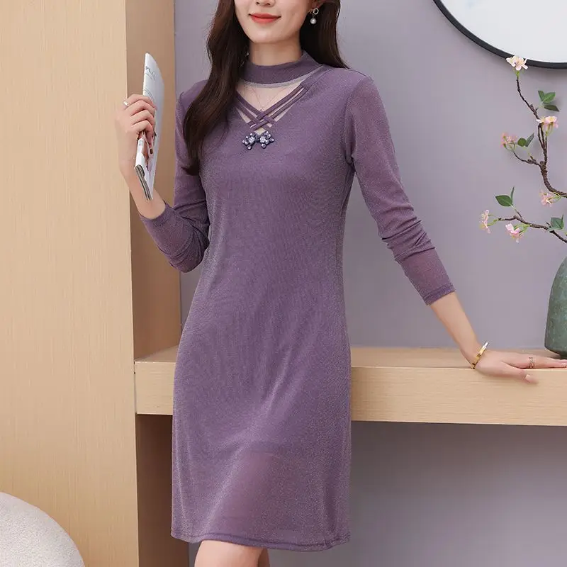 

New Autumn Long-sleeved Mesh Half-high Neck and Hip-wrapped Solid Color Bright Silk Slimming Dress for Women