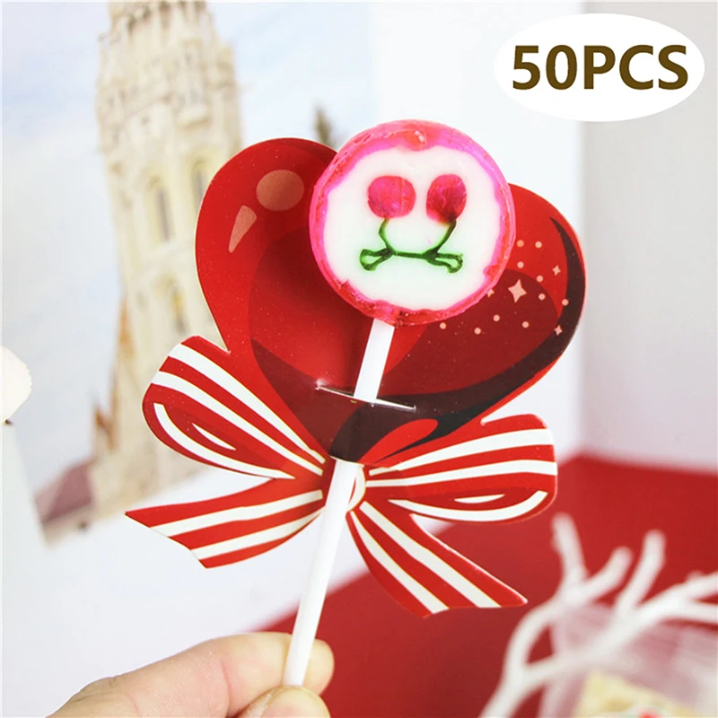 50Pcs Red Heart Bow Lollipop Decorating Cards For Valentine's Day Wedding Birthday Party Supplies Candy Decor Gift Favors...