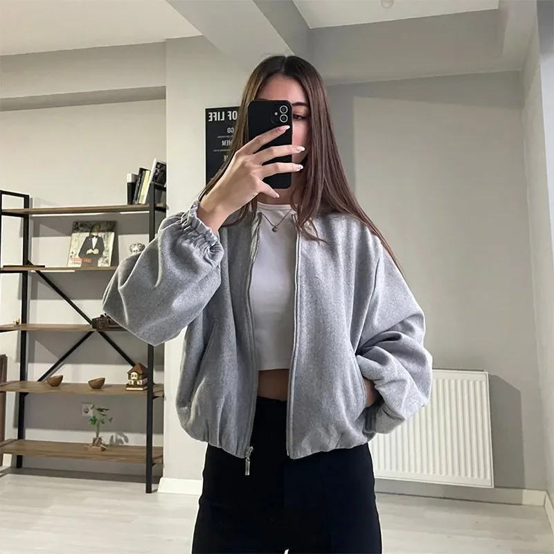 Fashion Zipper Bomber Jackets For Women Retro Round Neck Long Sleeve Elastic Hem Cropped Coats 2025 New Casual Sports Outwears