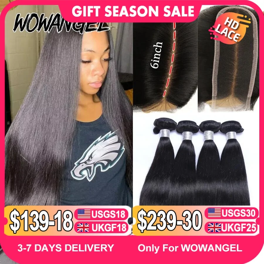 Wow Angel 2x6 HD Lace Closure with Bundles Human Hair Deep Parting Melt Skins 30 32inch Brazilian Straight Hair Extensions