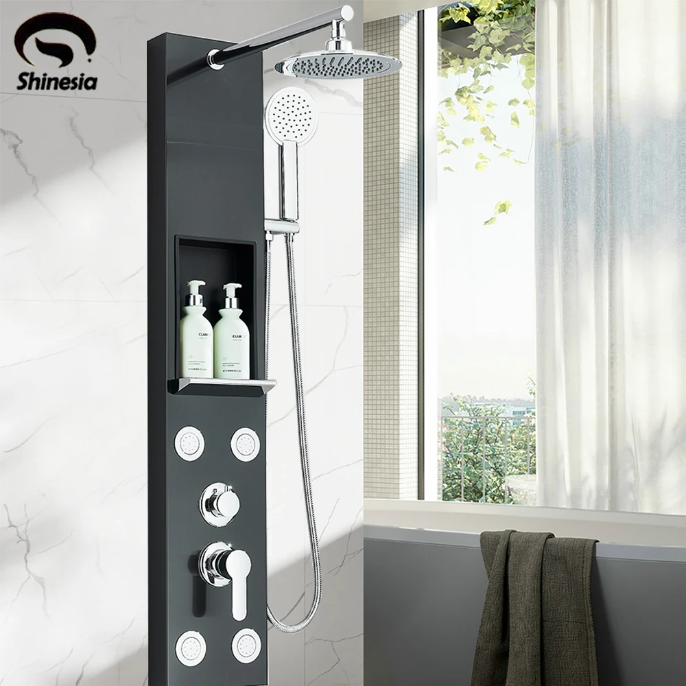 Black Shower Panel Column Big Screen  Rain&Waterfall Shower Head Massage Jets Mixer Bathroom Shower Faucet