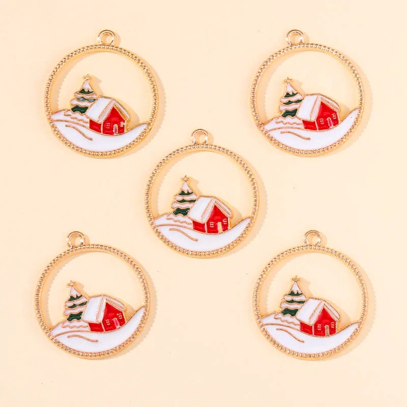 10Pcs Golden Alloy Round Hollow Out Santa Snow House Charms Pendant for DIY Christmas Ornament Earrings Bracelet Jewelry Making