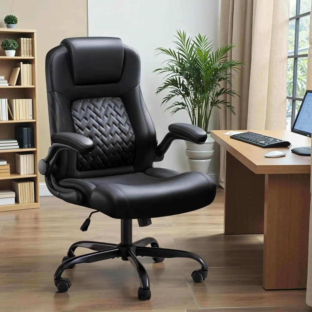 High Back Office Chair, Ergonomic Big and Tall Desk Chair, Adjustable Flip Up Armrest Executive Chair Made of PU Leather