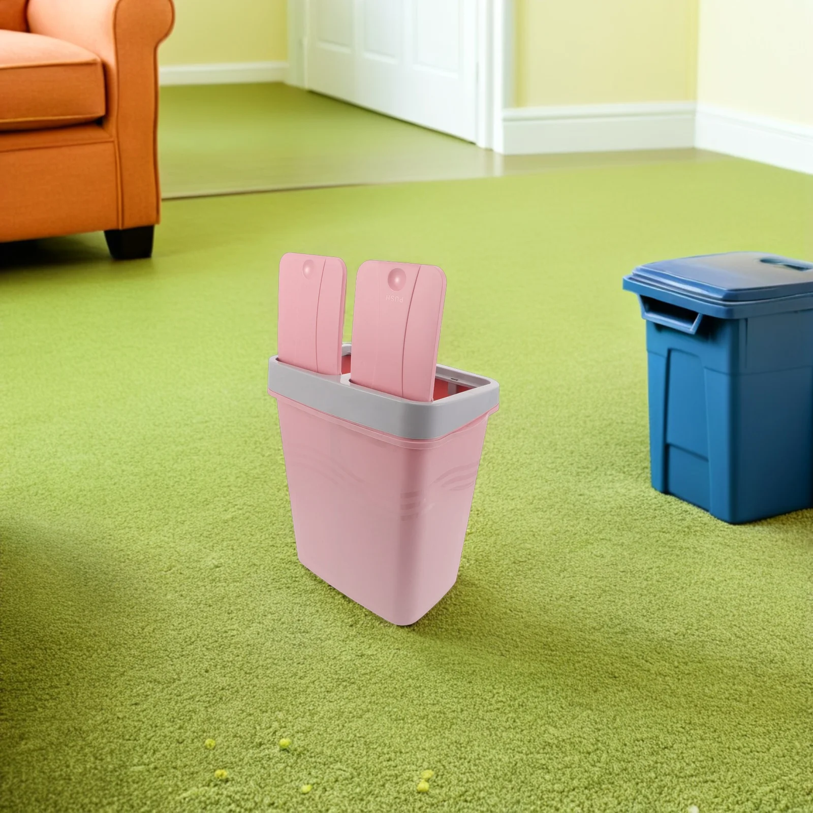 

Dual Compartment Waste Bin Narrow Plastic Trash Can Lid Kitchen Office Bedroom Food Waste Recycling Garbage Container Pink