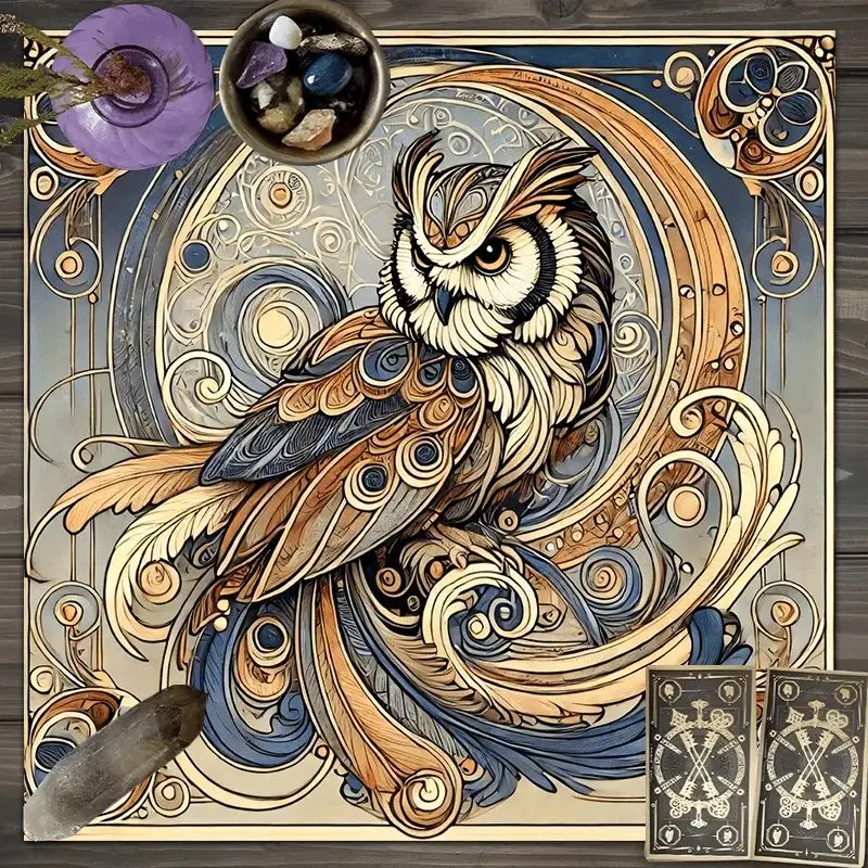 Tarot Altar Cloth Art Nouveau Golden Owl Crescent Moon Floral Divination Mat for Wiccan Tarot Reading Spiritual Astrology Decor view 3