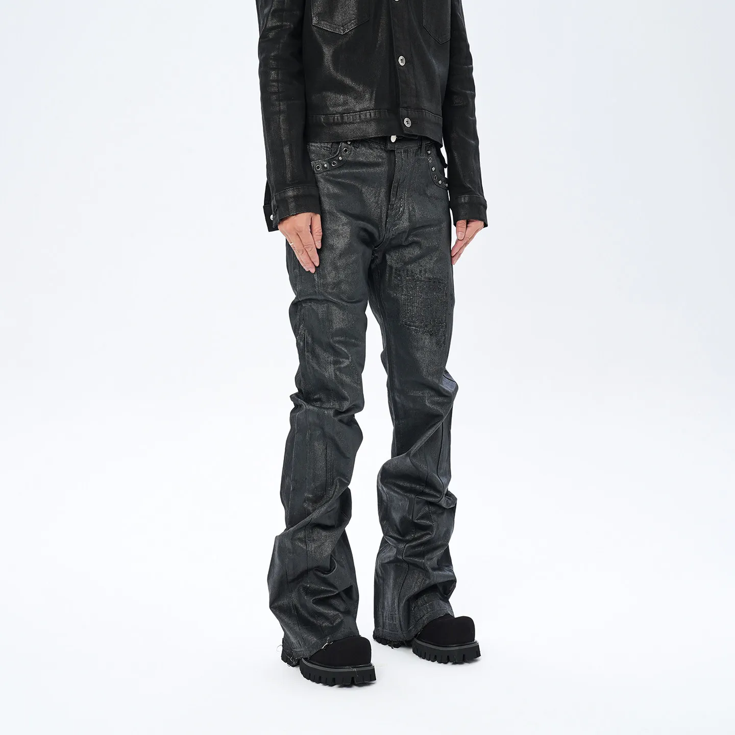 Fashion American Retro Visual Style Niche Dark Rivet Hard Coating Brush Wax Burr Skinny Jeans for Men