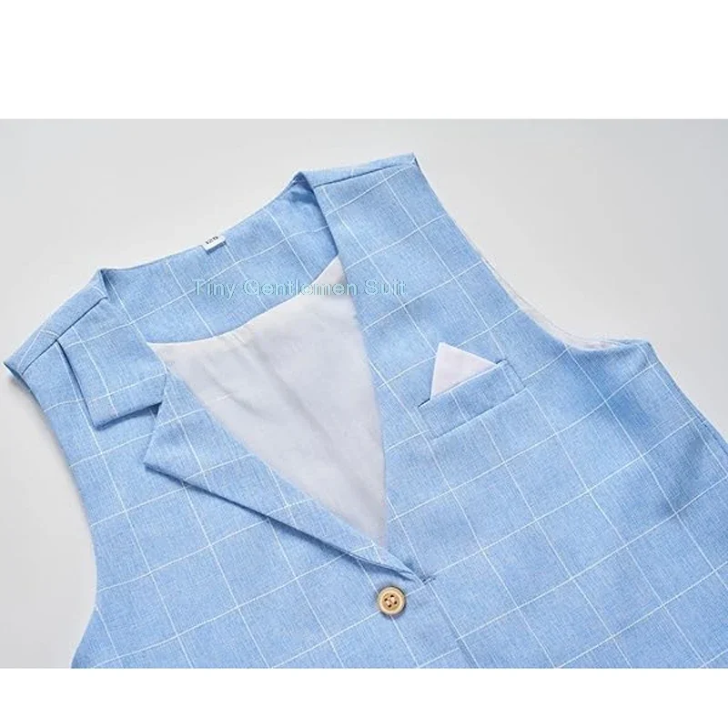Boys Summer Blue Plaid Suit Set Child Gentleman Piano Host Performance Photography Costume Kids Blazer Pants Vest Bowtie Outfit