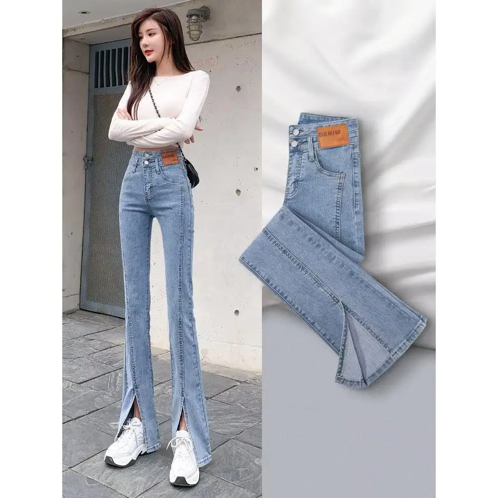 

Джинсы с высокой талией и разрезом, женские весенне-осенние эластичные широкие брюки для похудения, большие размеры, Bell Bot, повседневная смесь хлопка