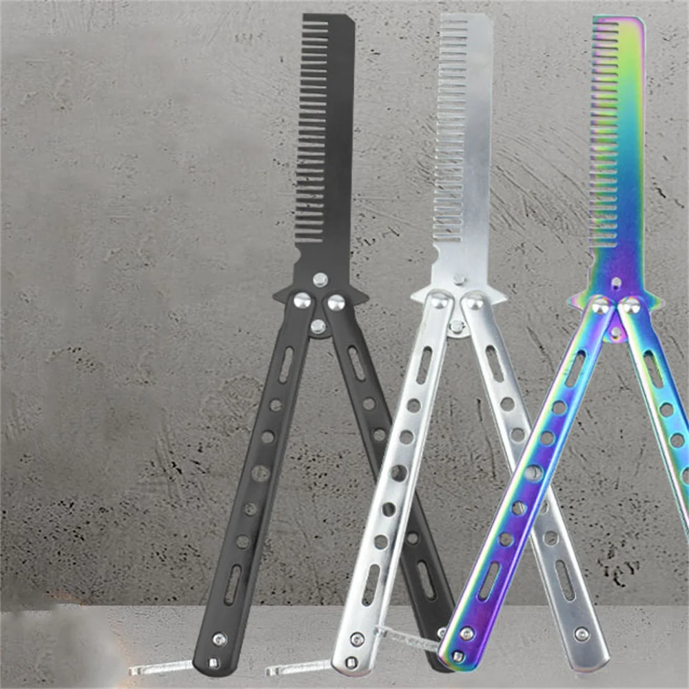 

Foldable Hair Comb Stainless Steel Practice Training Butterfly Knife Comb Beard Moustache Brush Salon Hairdressing Styling Tool