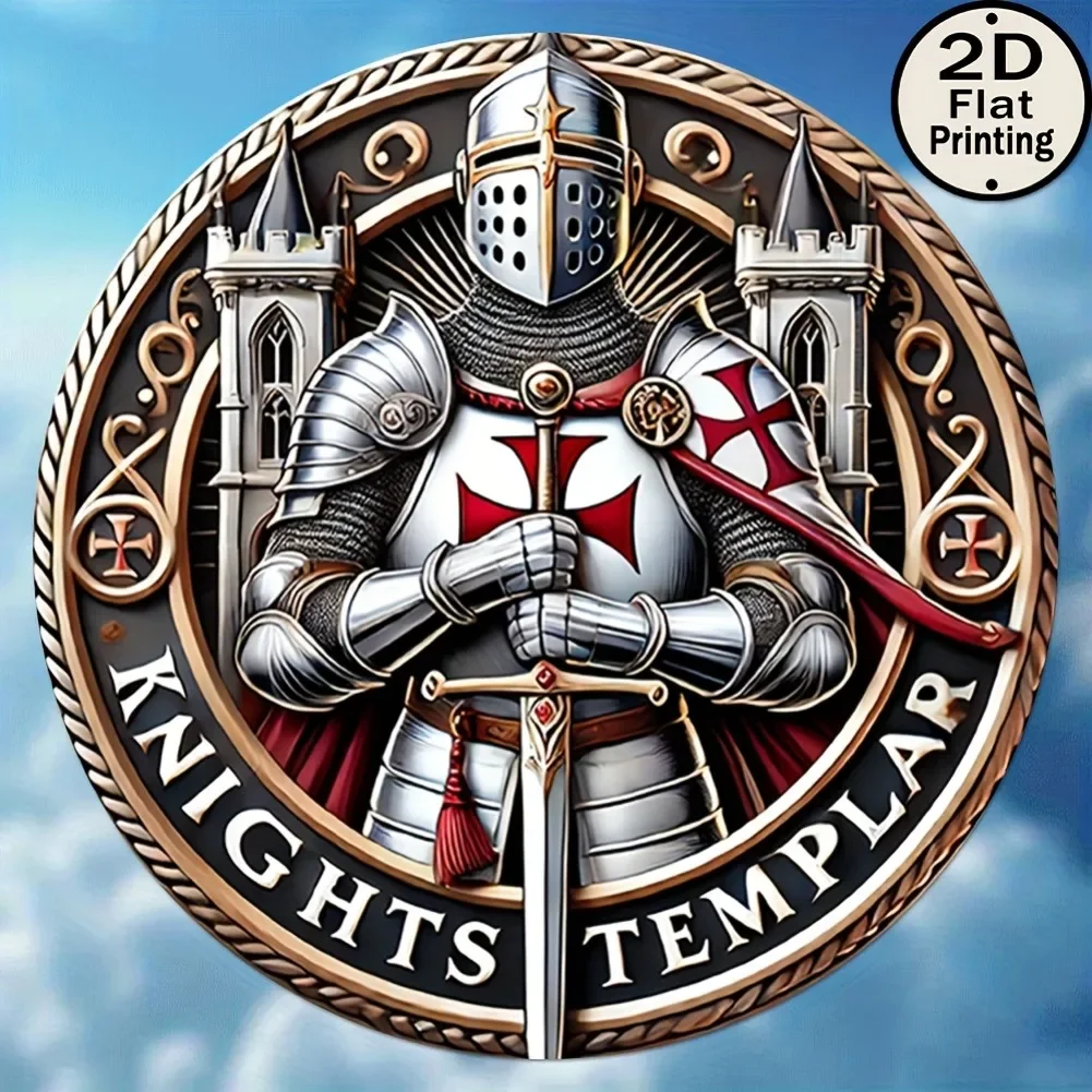 

Rustic Metal Wall Art， Vintage Metal Sign - Medieval Knight in Armor with Long Sword, Fusion of Chivalry & Religious Symbols