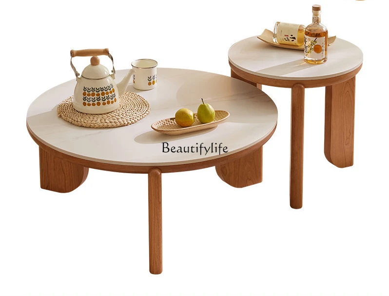 

Solid Wood Stone Plate round Coffee Table Combination Retro Cherrywood Living Room Tea Table round Table