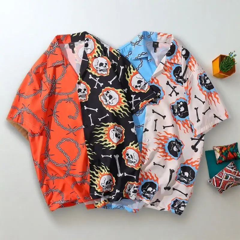 

Y2K Men's Patchwork Vintage Hawaii Shirt Man Casual Skull Striped Print Short Sleeve Beach Shirt Fashion Camisa Hawaiana Hombre