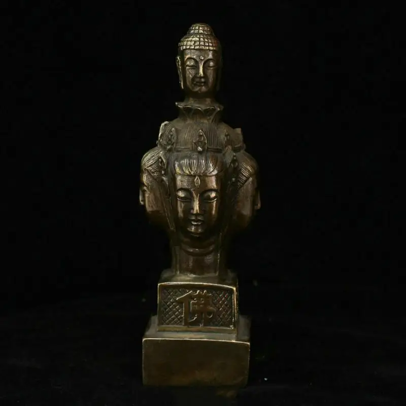 

Chinese Copper Brass Kwan-Yin Guan Yin Buddha Head Statue Seal Stamp Signet Statues for Decoration Collection Ornaments