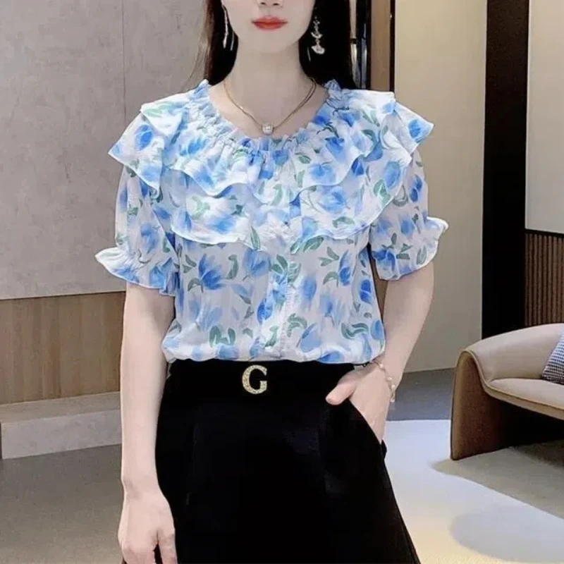 Fashion Floral Chiffon Blouses Women\'s 2024 Summer New Loose Spliced Ruched Ruffles Button Pullover Slash Neck Short Sleeve Tops