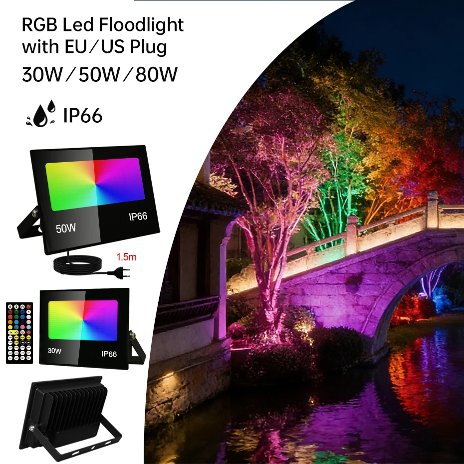 

Светодиодный прожектор RGB 30W 50W 80W, уличный, водонепроницаемый, AC 220V AC 110V, RGBWW, для садового освещения и декоративного оформления