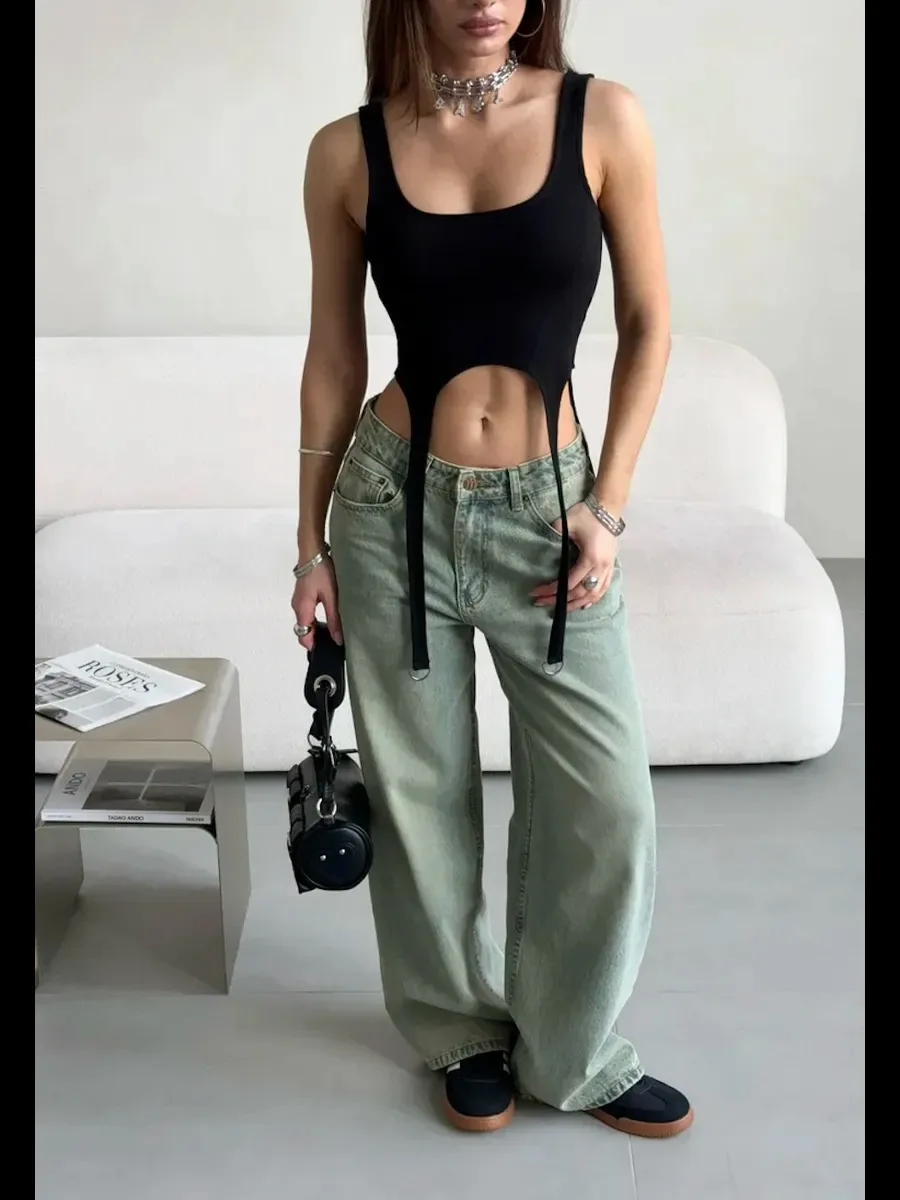 European American 2026 Summer Cross Shaped Ribbed Irregular Vest Women’s Street Sexy Personality Trendy Casual Top