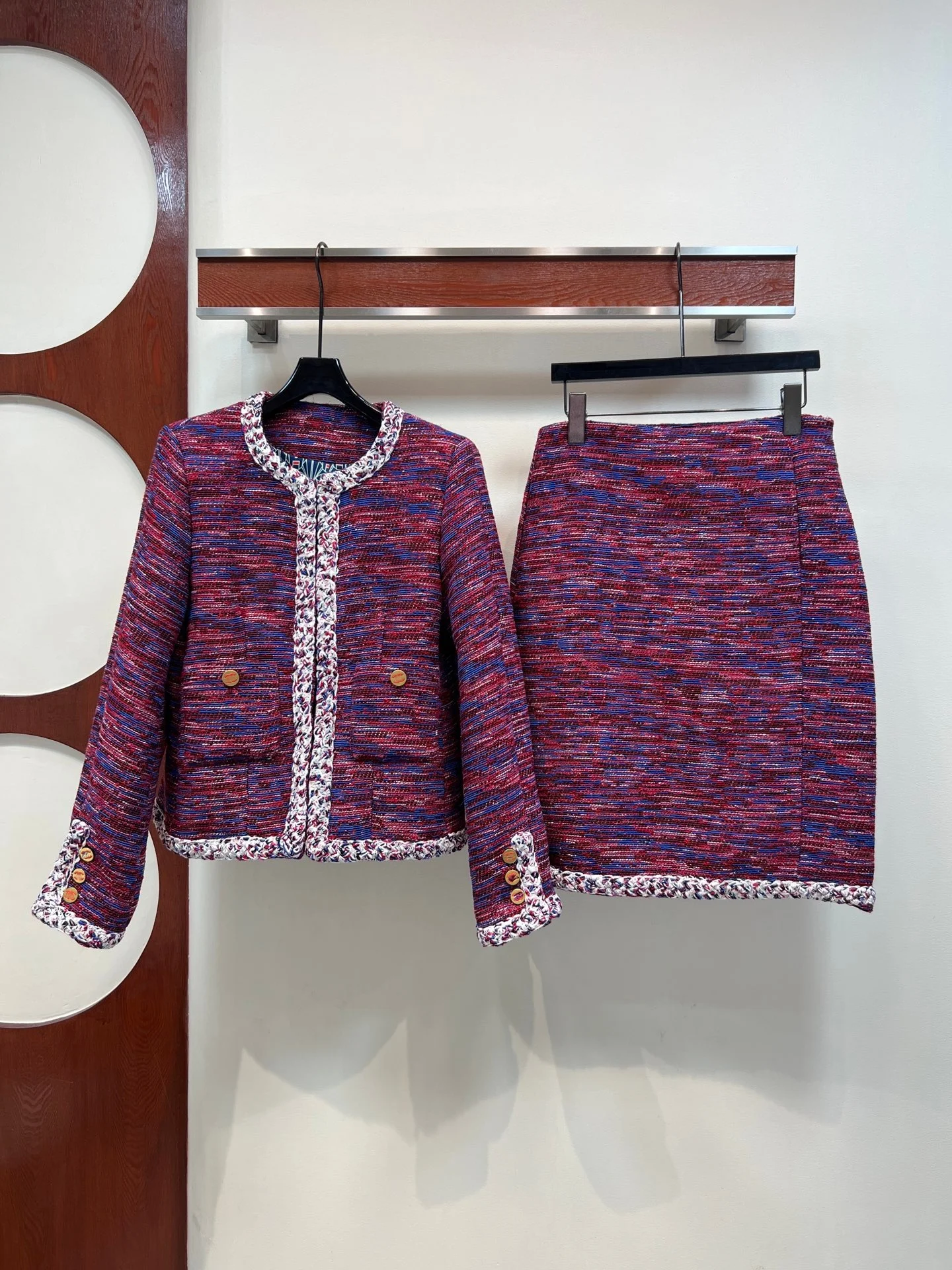 26. New Short-Sleeved Jacket + Skirt Set - Coarse Tweed - Short Jacket + High-Waisted A-Line Short Skirt