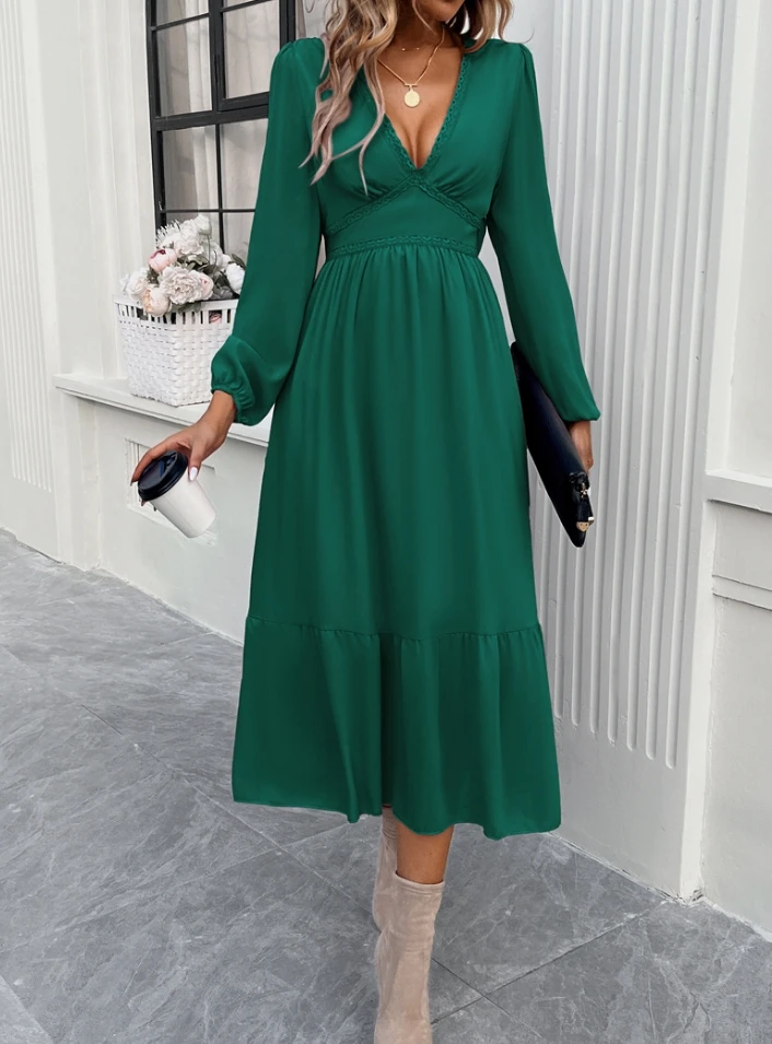 Fashion Autumn Dresses 2024 Elegant Solid Color Casual V-Neck High Waist Long Sleeve Dress Urban Elegant Daily Midi Long Dresses