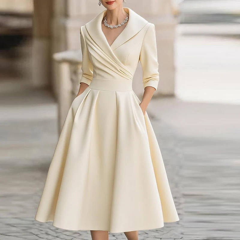 فساتين ماكسي إمبراطورية للخريف والشتاء للنساء، فستان حفلات بأكمام طويلة، فستان أنيق بياقة مقلوبة على شكل حرف a