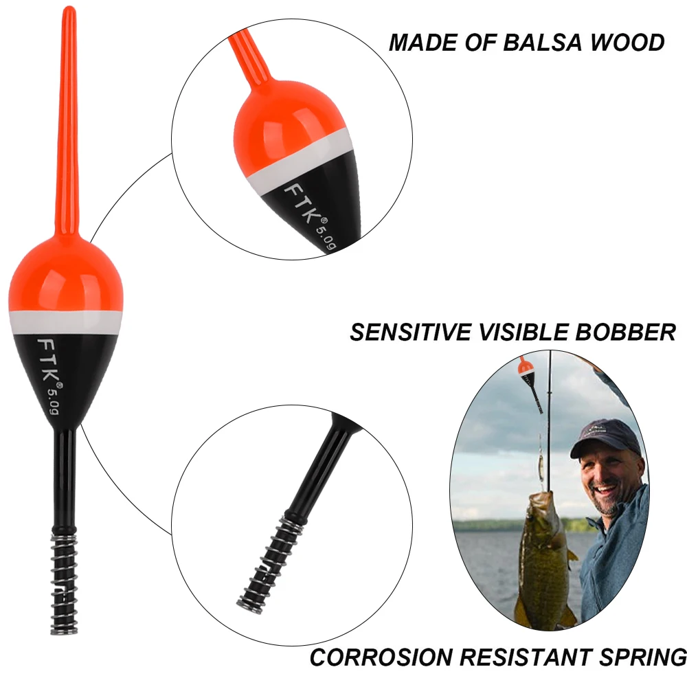 FTK 5pcs 2g/4g/5g Fishing Floats Bobbers Balsa Wooden Spring Slip Floating Bobber Fixed Bobbers for Crappie Panfish Catfish view 4