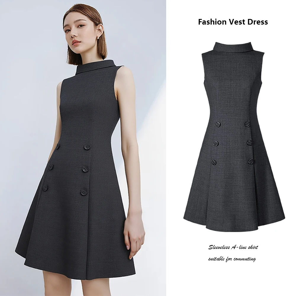 Summer Fashion French Retro Style Grey Dress For Women,Exquisite Cutting Design Stand Collar A-Line Skirt Sleeveless Vest Dress