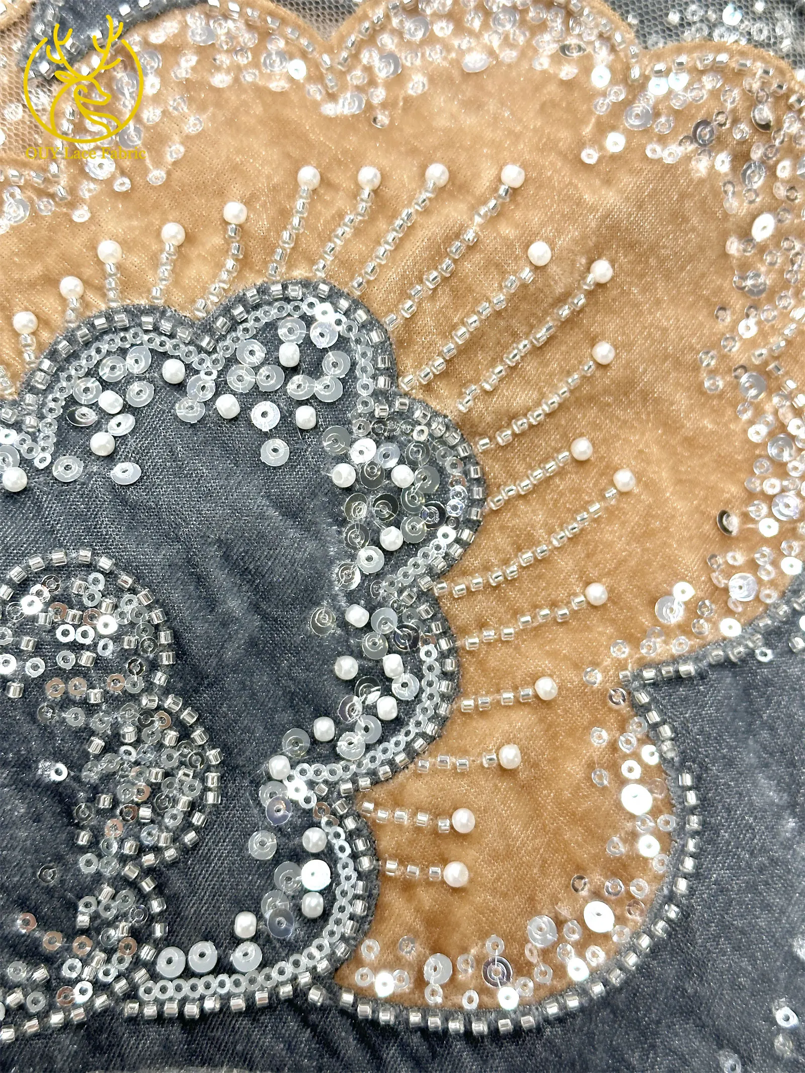 Neuester Samt-Blütenblatt-Pailletten-Spitzenstoff 2026 Hochwertiger afrikanischer Perlen-Tüll-Spitzenstoff für Hochzeit, Party, Kleid, Nähmaterial – Detail 9