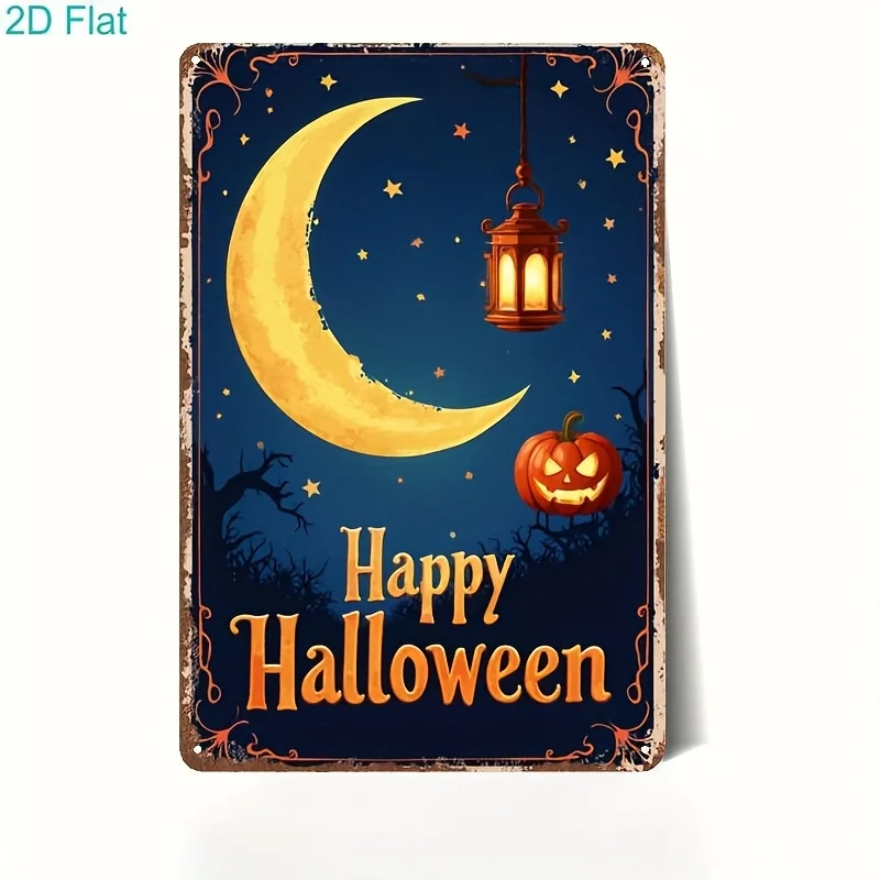 Gotisches Eisen-Halloween-Wandschild aus Metall mit Jack-O'-Laterne, Halbmond und glücklichem, glücklichem Schriftzug – rustikaler Innen-/Han